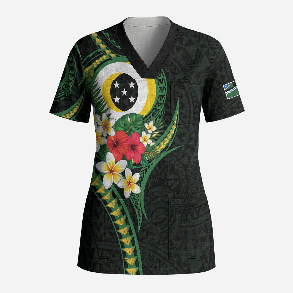 Solomon Islands Western Province Scrub Top Polynesian Pattern With Tropical Flowers LT05 Adult Green - Polynesian Pride
