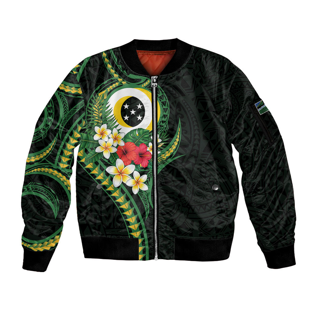 Solomon Islands Western Province Sleeve Zip Bomber Jacket Polynesian Pattern With Tropical Flowers LT05 Unisex Green - Polynesian Pride