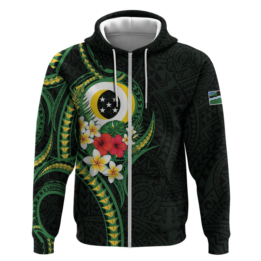 Solomon Islands Western Province Zip Hoodie Polynesian Pattern With Tropical Flowers LT05 Zip Hoodie Green - Polynesian Pride