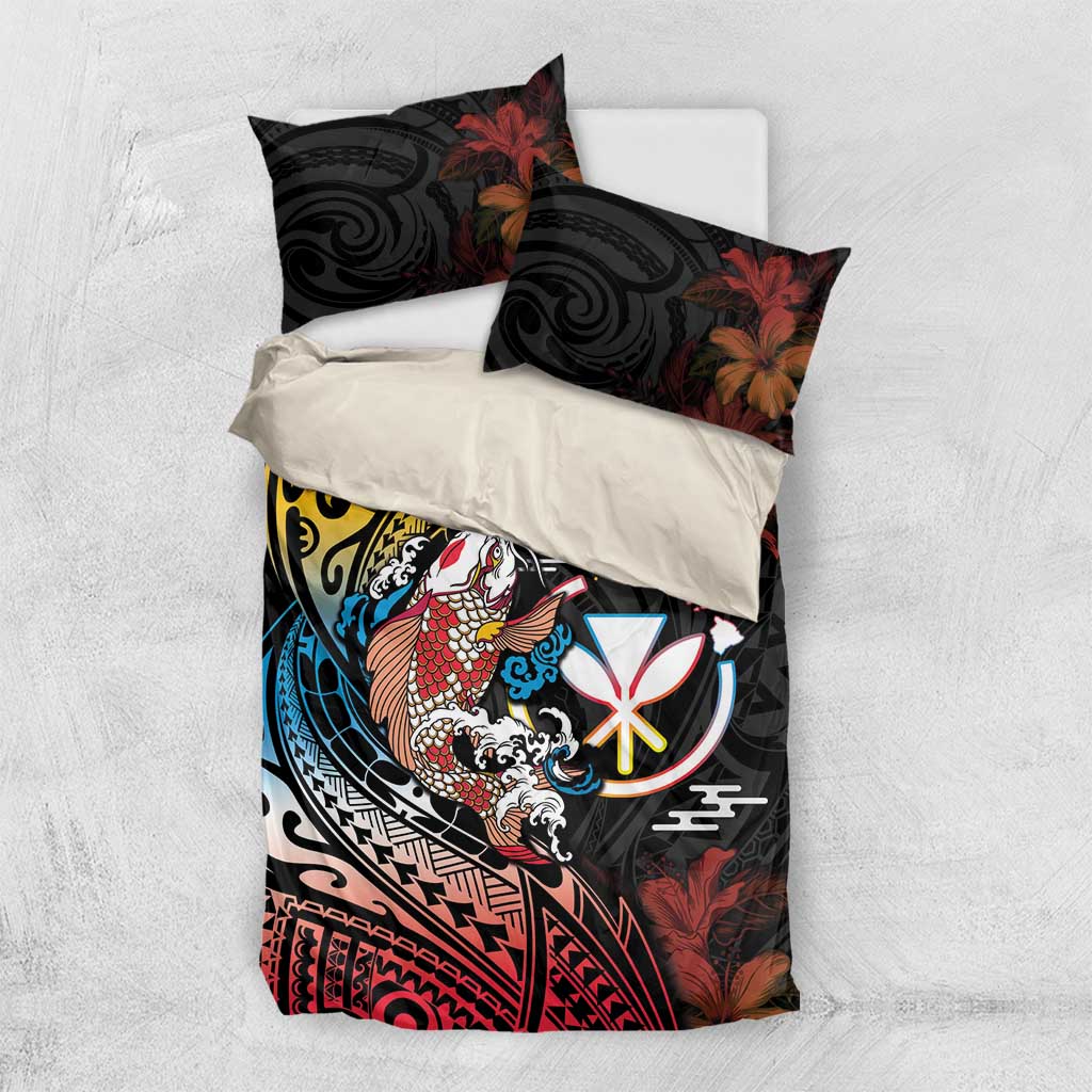 Hawaii And Japan Bedding Set Koi Fish With Kanaka Maoli