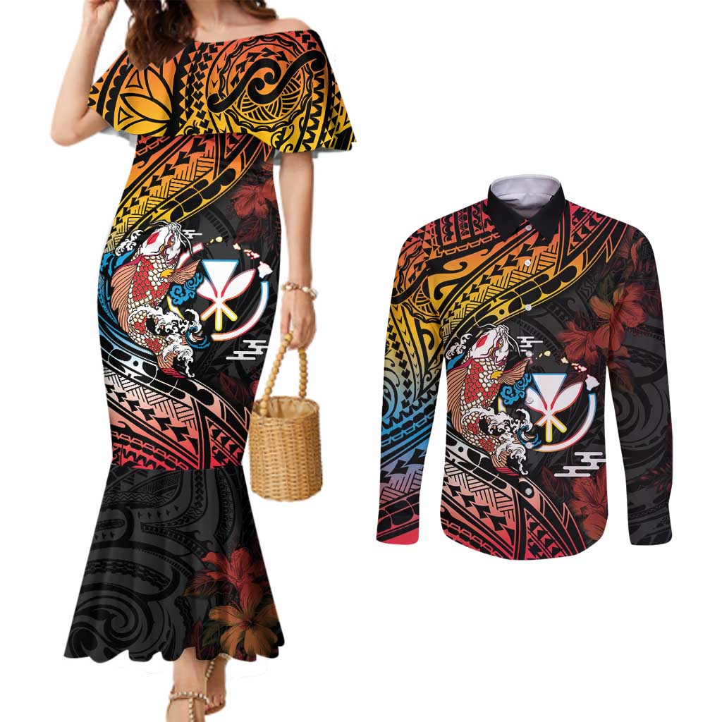 Hawaii And Japan Couples Matching Mermaid Dress and Long Sleeve Button Shirt Koi Fish With Kanaka Maoli