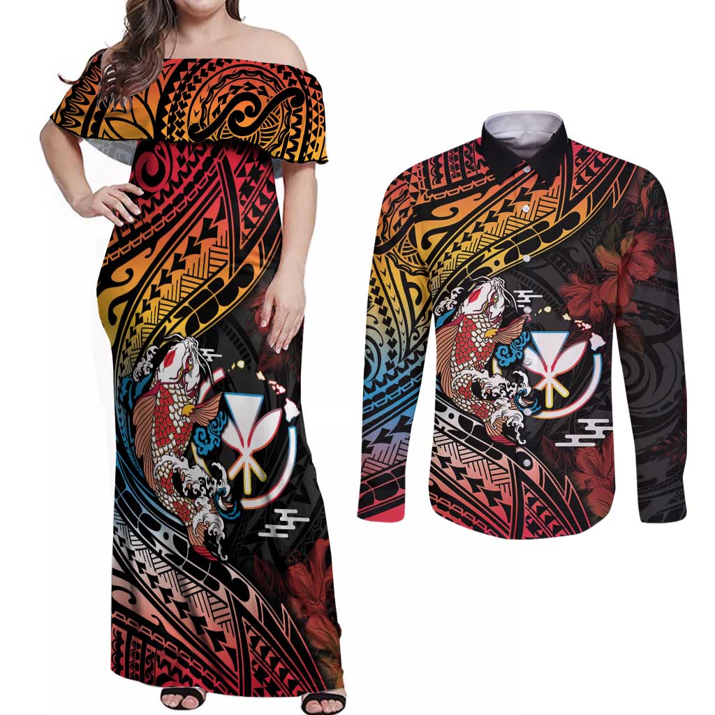 Hawaii And Japan Couples Matching Off Shoulder Maxi Dress and Long Sleeve Button Shirt Koi Fish With Kanaka Maoli