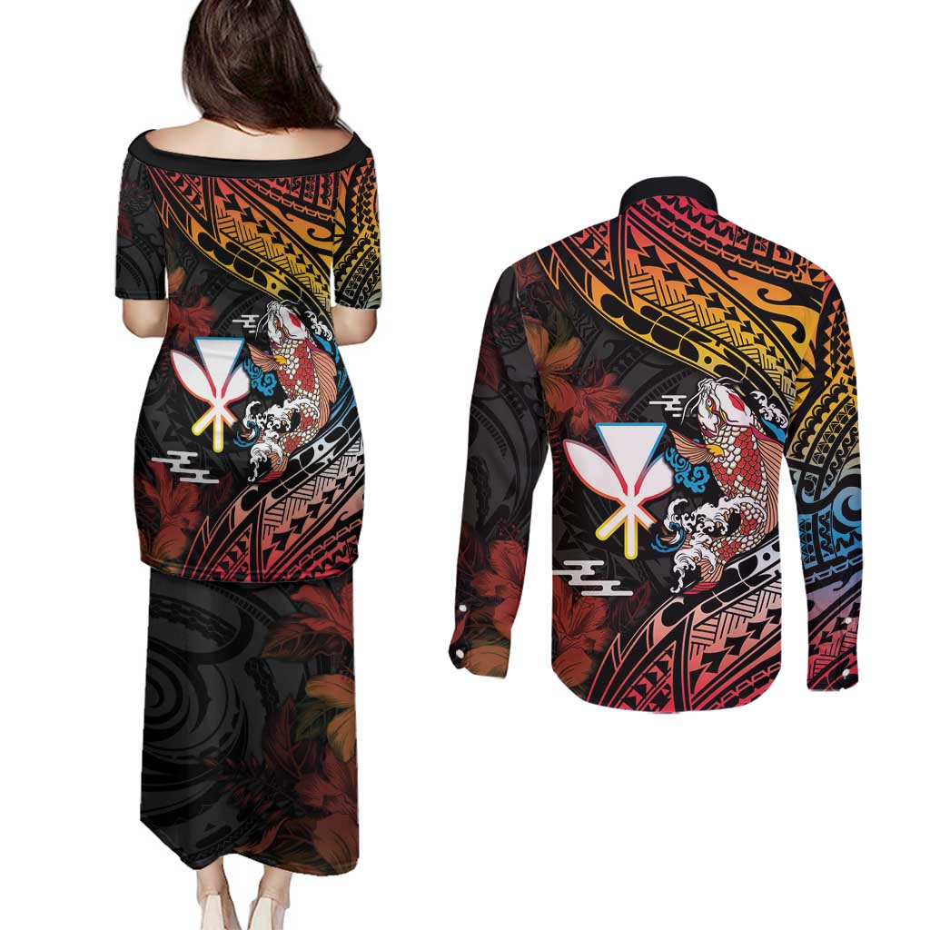 Hawaii And Japan Couples Matching Puletasi and Long Sleeve Button Shirt Koi Fish With Kanaka Maoli