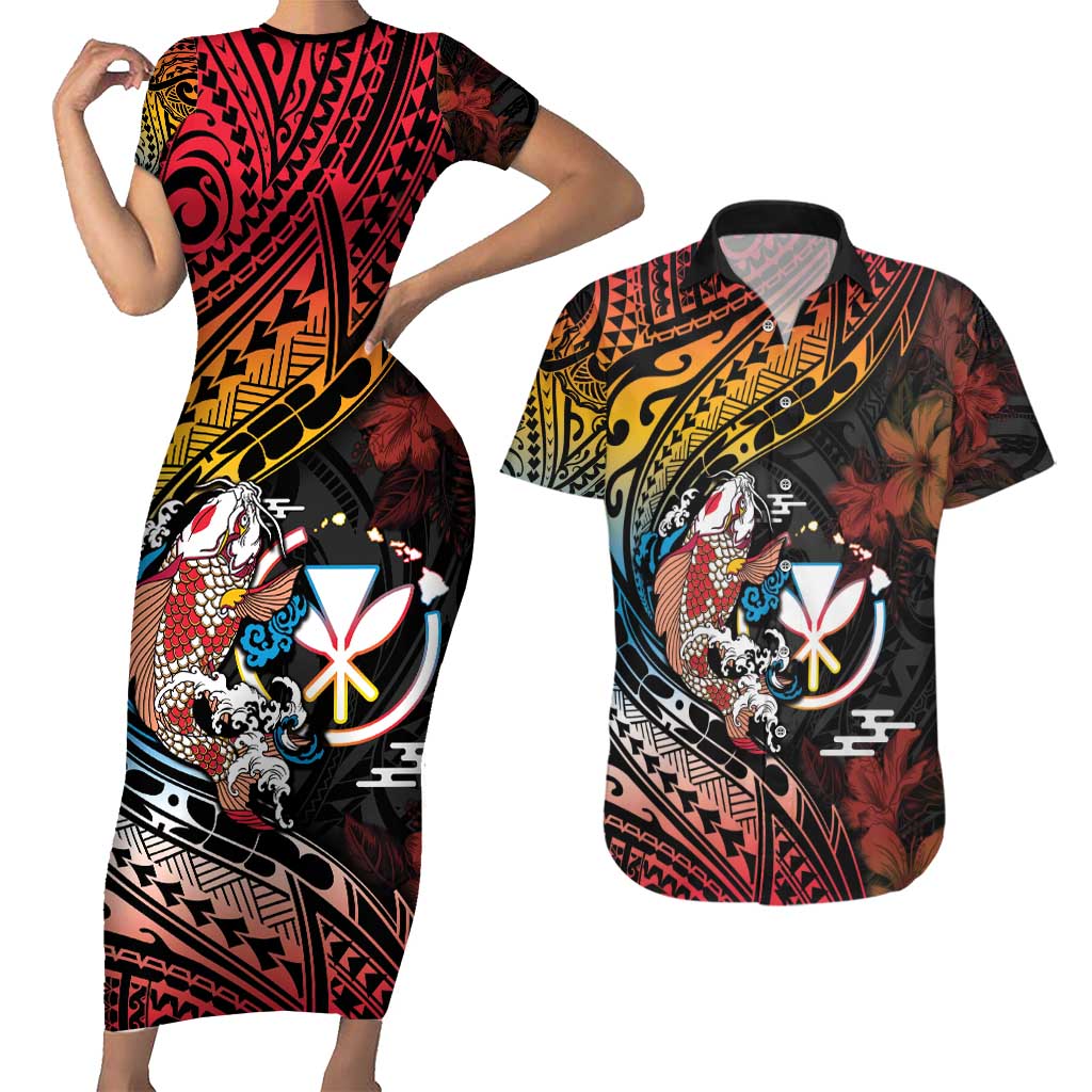 Hawaii And Japan Couples Matching Short Sleeve Bodycon Dress and Hawaiian Shirt Koi Fish With Kanaka Maoli