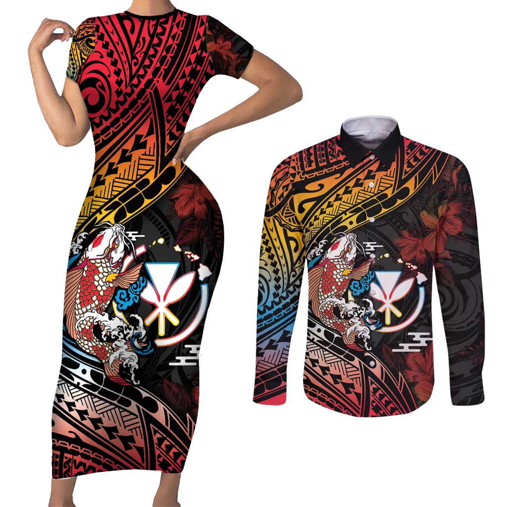 Hawaii And Japan Couples Matching Short Sleeve Bodycon Dress and Long Sleeve Button Shirt Koi Fish With Kanaka Maoli