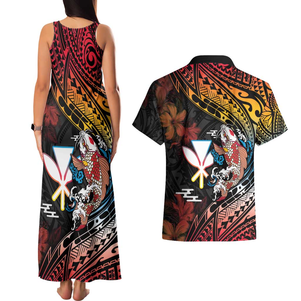 Hawaii And Japan Couples Matching Tank Maxi Dress and Hawaiian Shirt Koi Fish With Kanaka Maoli