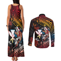 Hawaii And Japan Couples Matching Tank Maxi Dress and Long Sleeve Button Shirt Koi Fish With Kanaka Maoli