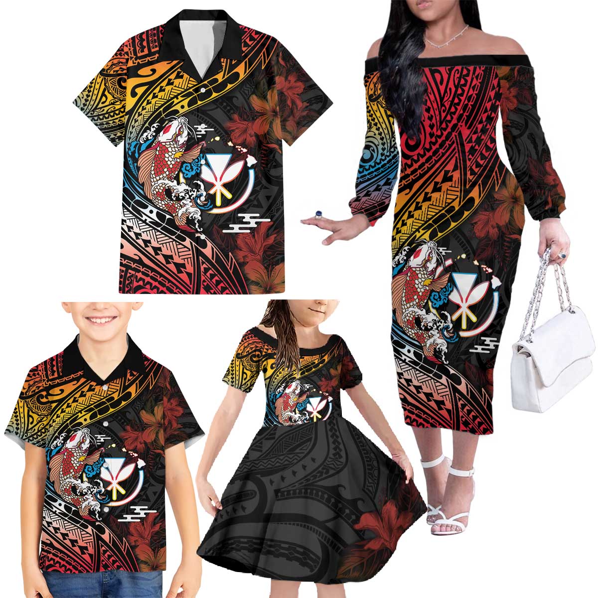 Hawaii And Japan Family Matching Off The Shoulder Long Sleeve Dress and Hawaiian Shirt Koi Fish With Kanaka Maoli