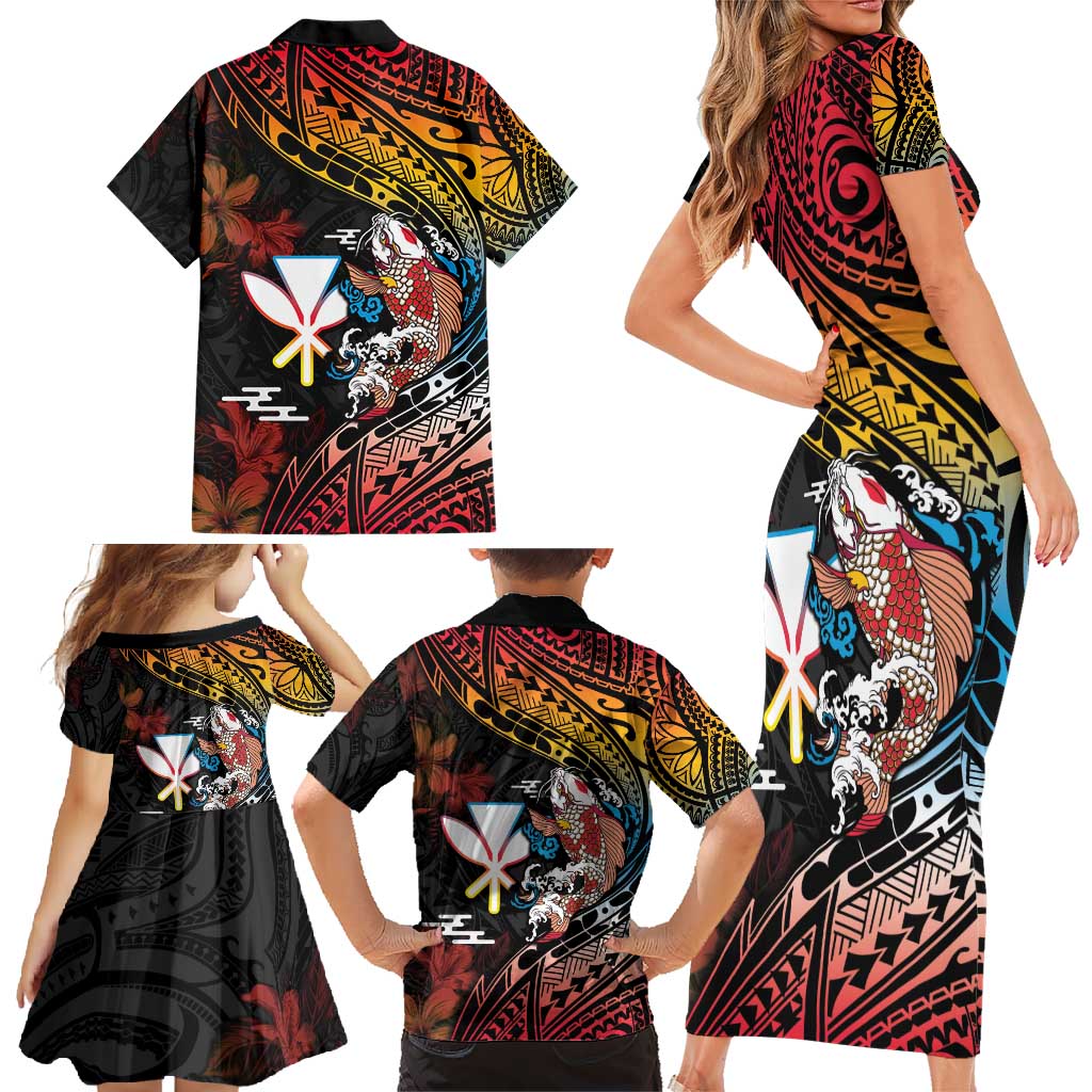 Hawaii And Japan Family Matching Short Sleeve Bodycon Dress and Hawaiian Shirt Koi Fish With Kanaka Maoli
