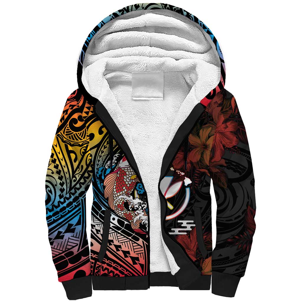 Hawaii And Japan Sherpa Hoodie Koi Fish With Kanaka Maoli