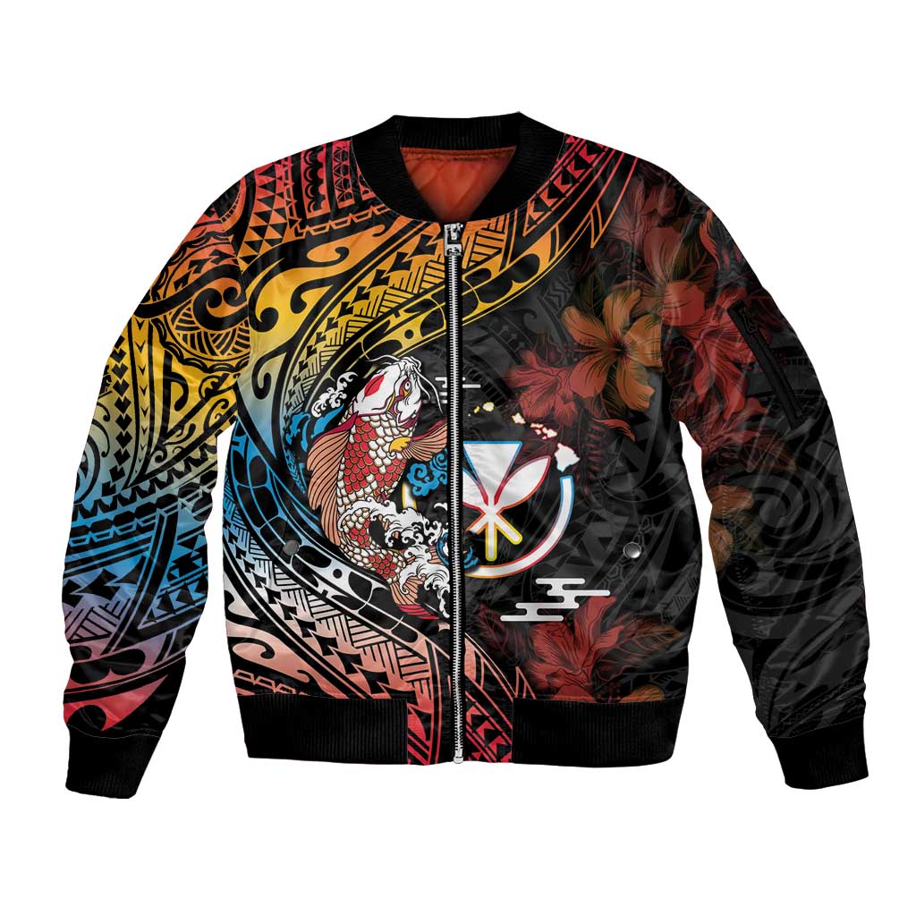 Hawaii And Japan Sleeve Zip Bomber Jacket Koi Fish With Kanaka Maoli