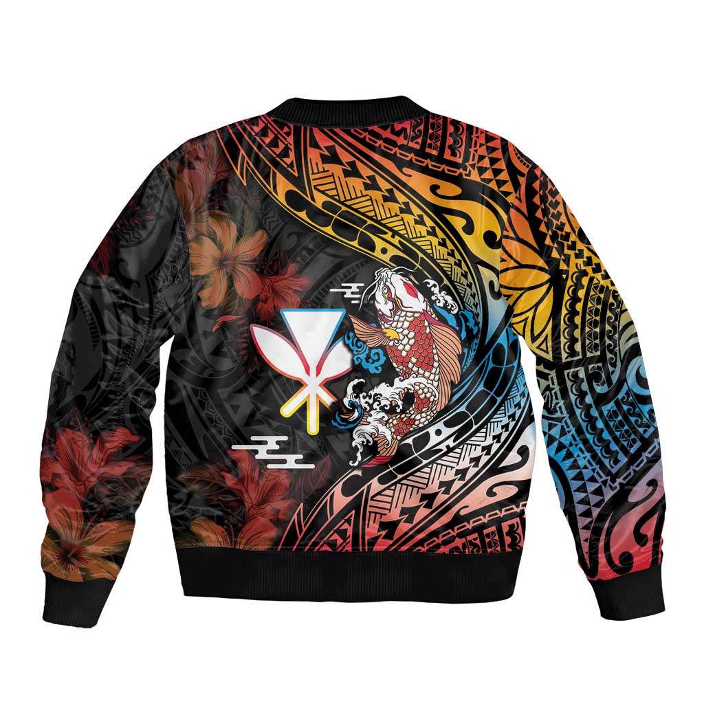 Hawaii And Japan Sleeve Zip Bomber Jacket Koi Fish With Kanaka Maoli
