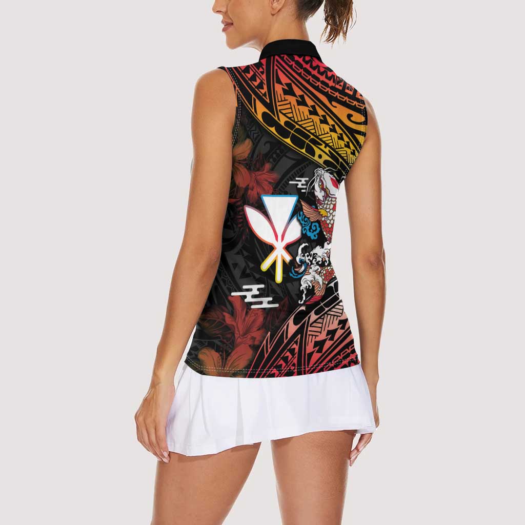 Hawaii And Japan Women Sleeveless Polo Shirt Koi Fish With Kanaka Maoli