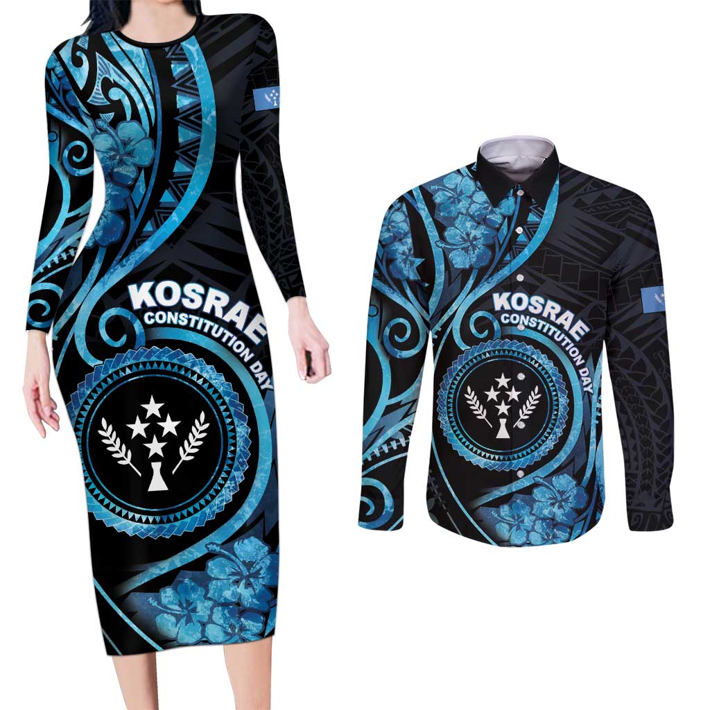 Personalised Kosrae Constitution Day Couples Matching Long Sleeve Bodycon Dress and Long Sleeve Button Shirt Ocean Floral Pattern