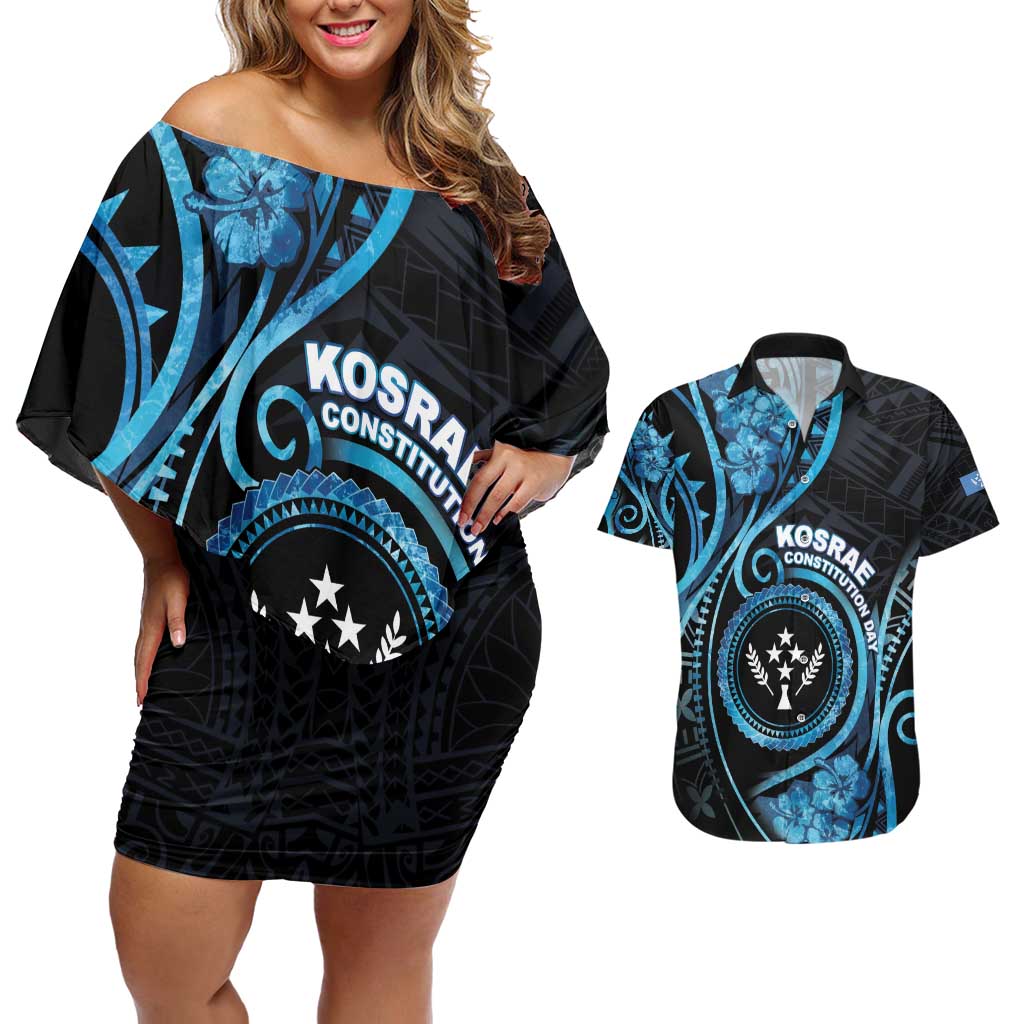 Personalised Kosrae Constitution Day Couples Matching Off Shoulder Short Dress and Hawaiian Shirt Ocean Floral Pattern