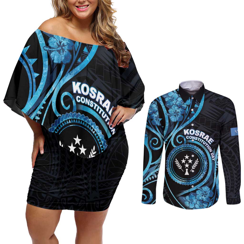 Personalised Kosrae Constitution Day Couples Matching Off Shoulder Short Dress and Long Sleeve Button Shirt Ocean Floral Pattern