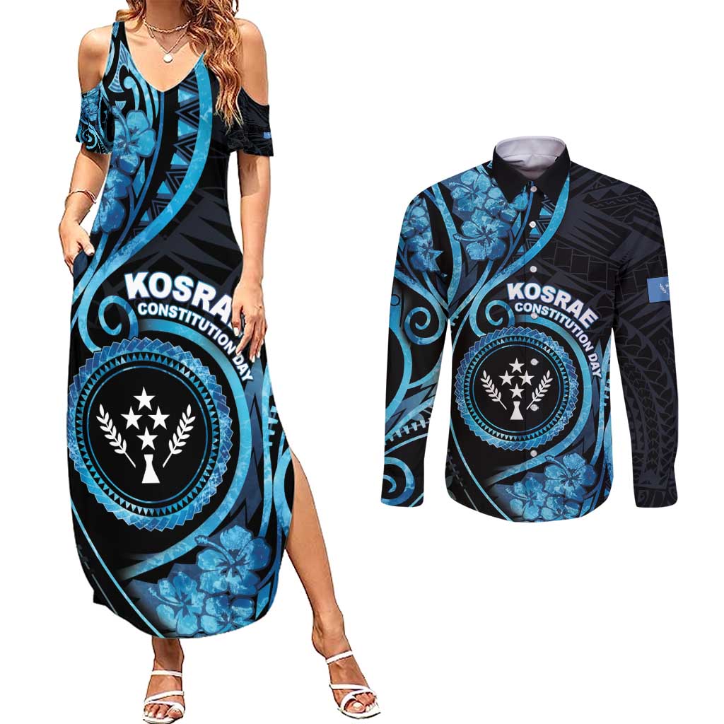 Personalised Kosrae Constitution Day Couples Matching Summer Maxi Dress and Long Sleeve Button Shirt Ocean Floral Pattern