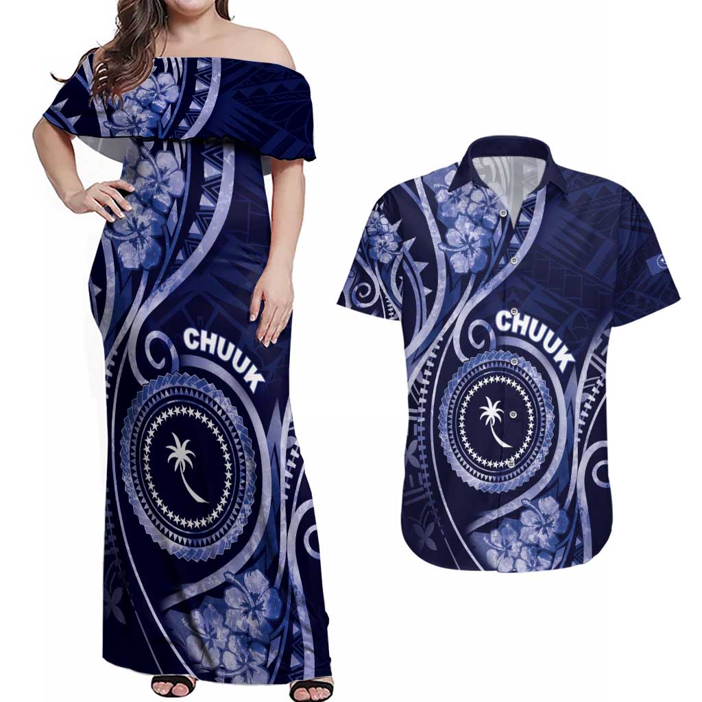 Personalised FSM Chuuk Couples Matching Off Shoulder Maxi Dress and Hawaiian Shirt Ocean Floral Pattern