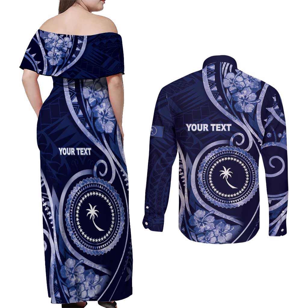 Personalised FSM Chuuk Couples Matching Off Shoulder Maxi Dress and Long Sleeve Button Shirt Ocean Floral Pattern