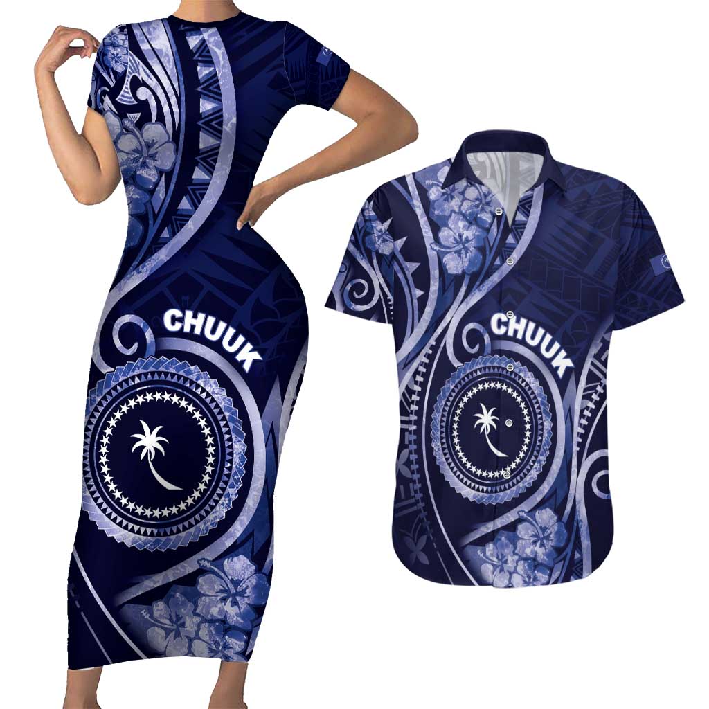 Personalised FSM Chuuk Couples Matching Short Sleeve Bodycon Dress and Hawaiian Shirt Ocean Floral Pattern