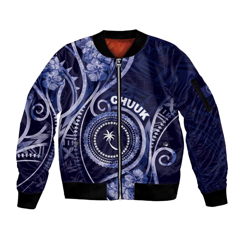 Personalised FSM Chuuk Sleeve Zip Bomber Jacket Ocean Floral Pattern