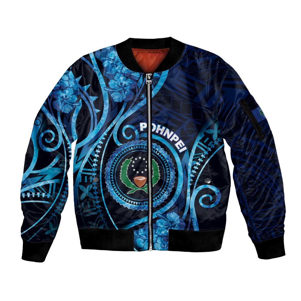 Personalised FSM Pohnpei Sleeve Zip Bomber Jacket Ocean Floral Pattern