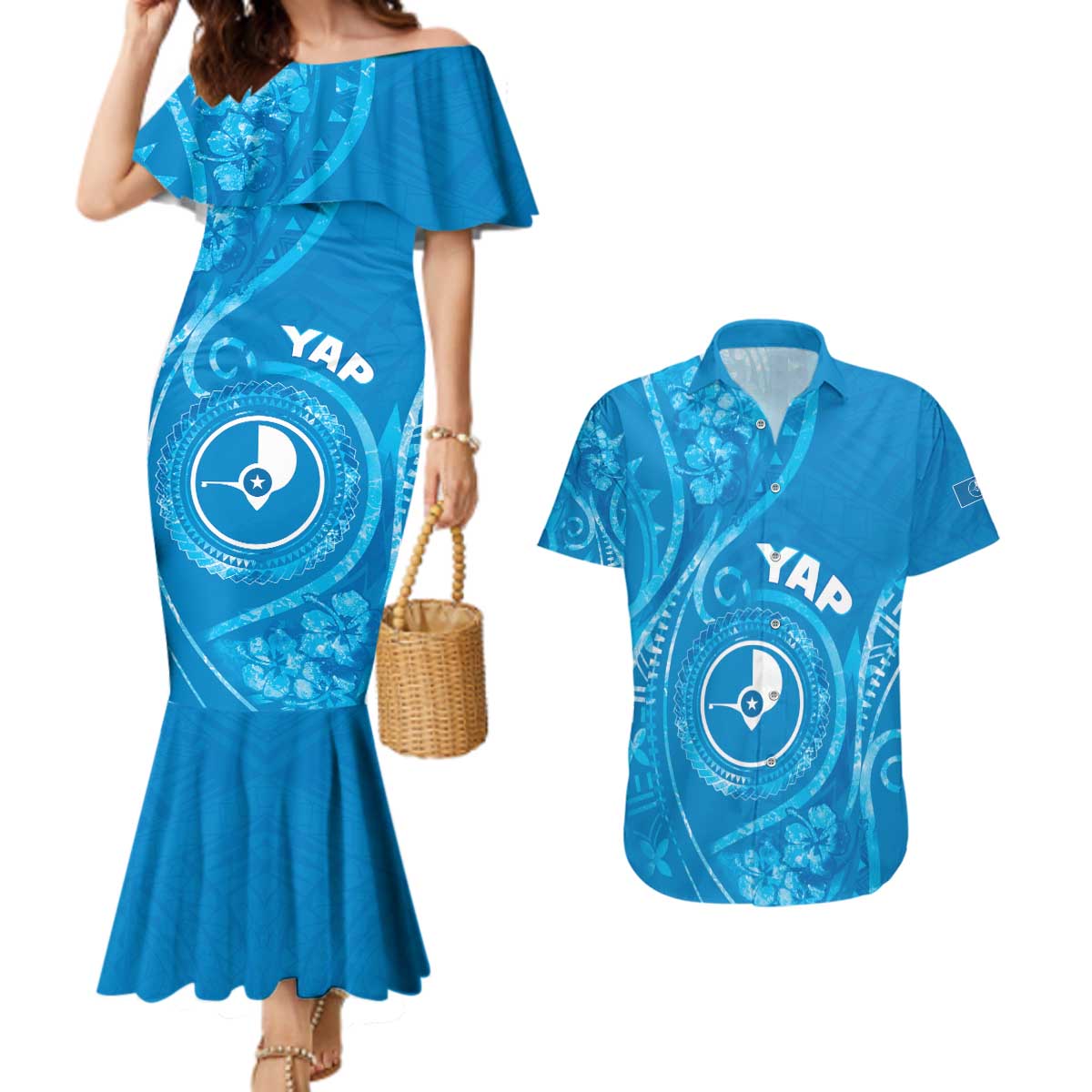 Personalised FSM Yap Couples Matching Mermaid Dress and Hawaiian Shirt Ocean Floral Pattern