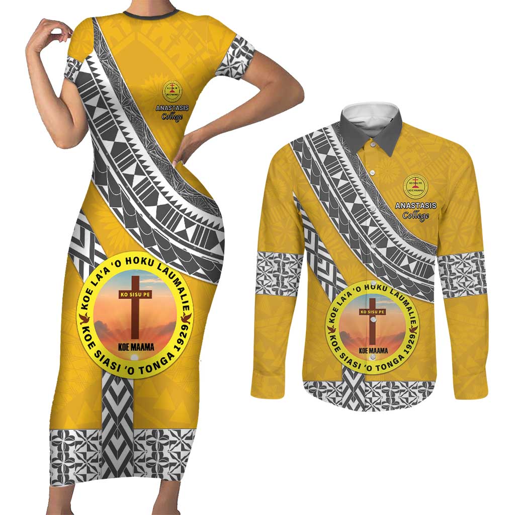 Personalised Anastasis College Couples Matching Short Sleeve Bodycon Dress and Long Sleeve Button Shirt Tonga Unique Style - Polynesian Pride