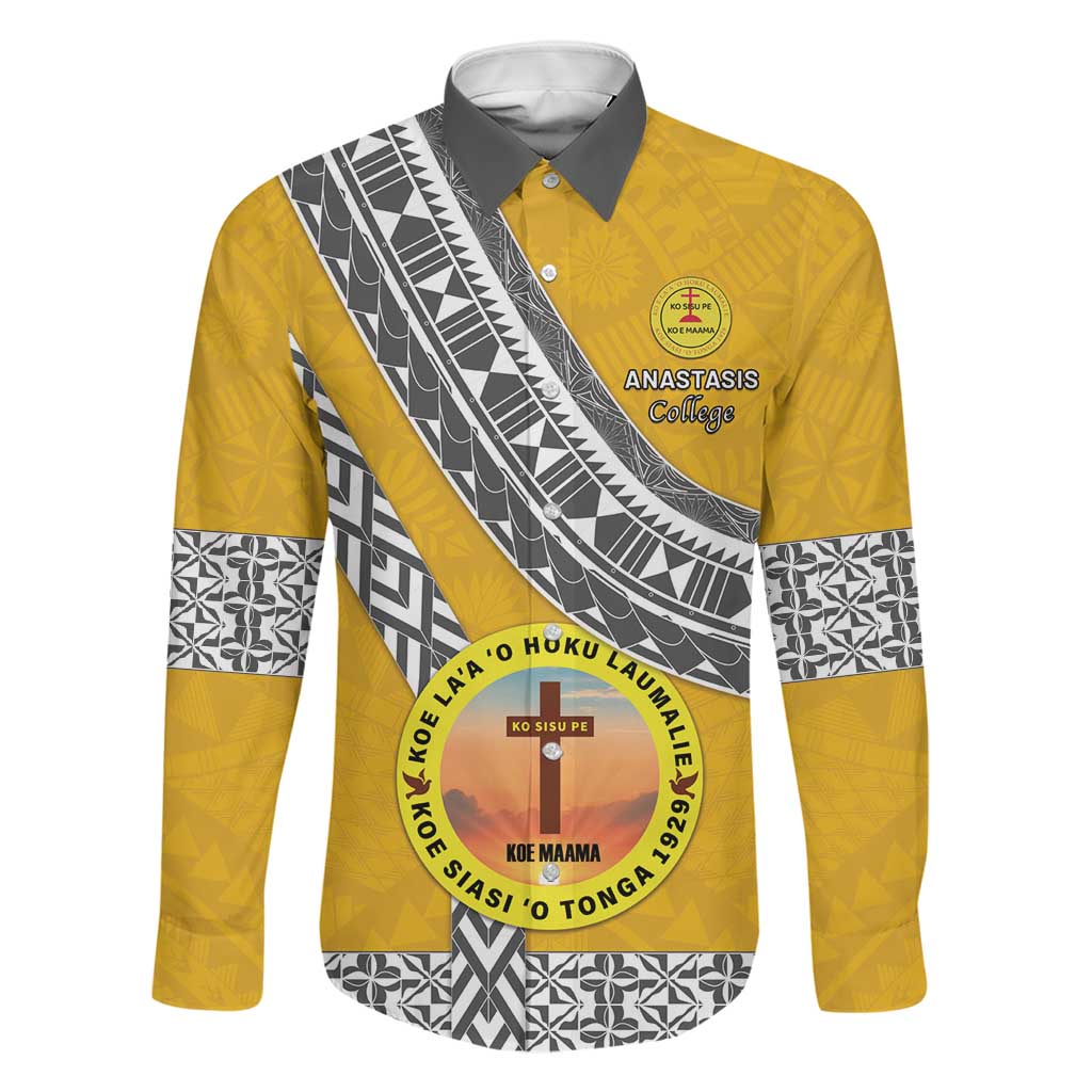 Personalised Anastasis College Family Matching Long Sleeve Bodycon Dress and Hawaiian Shirt Tonga Unique Style LT05 Dad's Shirt - Long Sleeve Yellow - Polynesian Pride