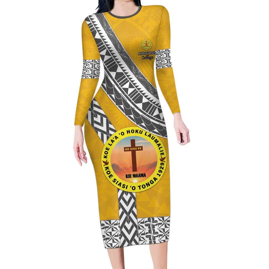 Personalised Anastasis College Family Matching Long Sleeve Bodycon Dress and Hawaiian Shirt Tonga Unique Style LT05 Mom's Dress Yellow - Polynesian Pride