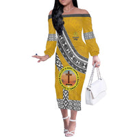 Personalised Anastasis College Family Matching Off The Shoulder Long Sleeve Dress and Hawaiian Shirt Tonga Unique Style LT05 Mom's Dress Yellow - Polynesian Pride