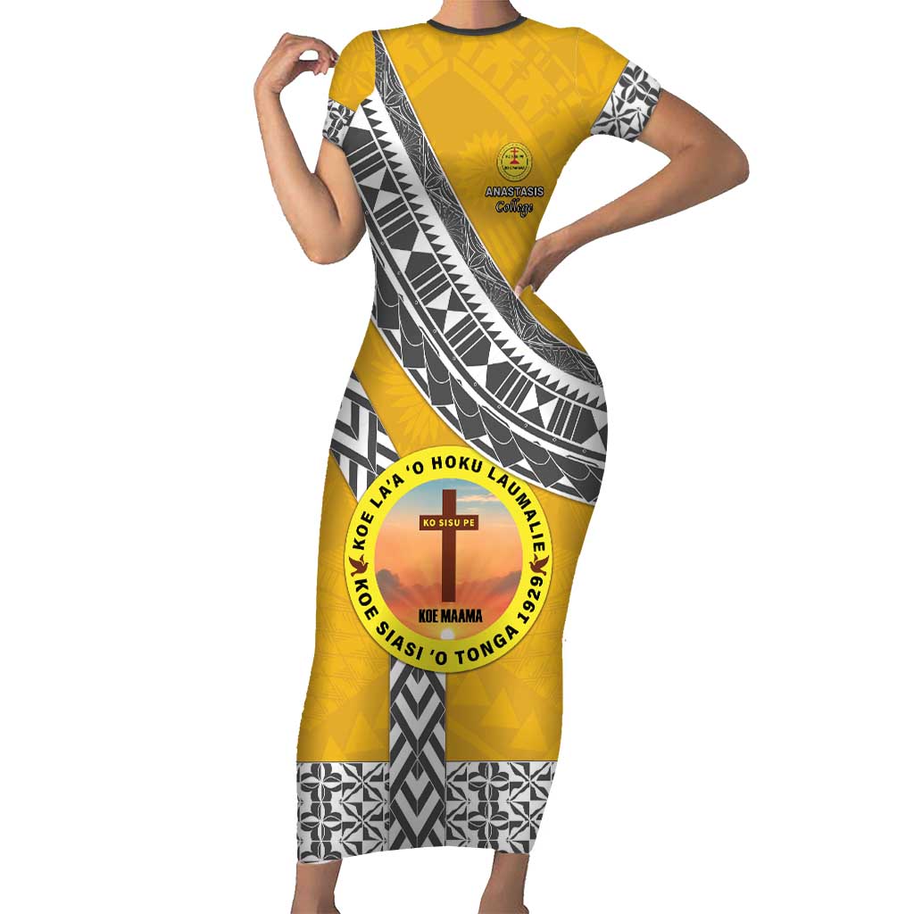 Personalised Anastasis College Family Matching Short Sleeve Bodycon Dress and Hawaiian Shirt Tonga Unique Style LT05 Mom's Dress Yellow - Polynesian Pride