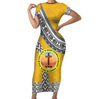 Personalised Anastasis College Family Matching Short Sleeve Bodycon Dress and Hawaiian Shirt Tonga Unique Style LT05 Mom's Dress Yellow - Polynesian Pride