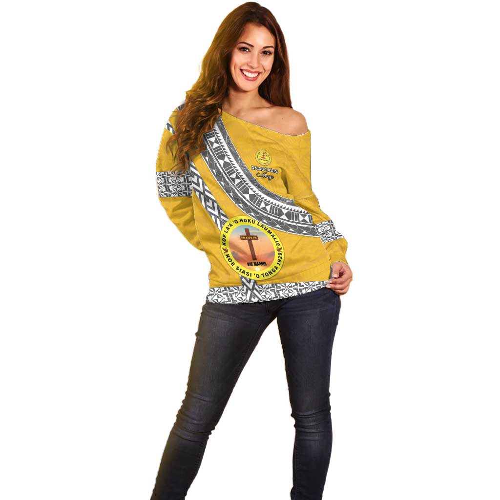 Personalised Anastasis College Off Shoulder Sweater Tonga Unique Style - Polynesian Pride