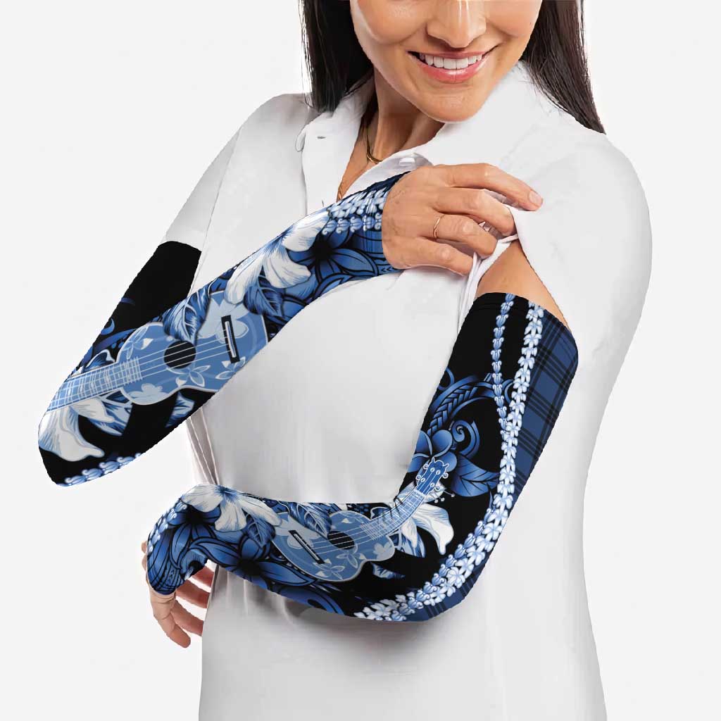 Hawaii Ukulele Arm Sleeves Tropical Flowers With Palaka Effect Blue Version - Polynesian Pride