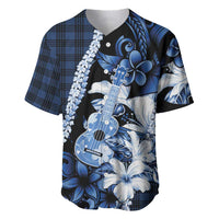 Hawaii Ukulele Baseball Jersey Tropical Flowers With Palaka Effect Blue Version - Polynesian Pride