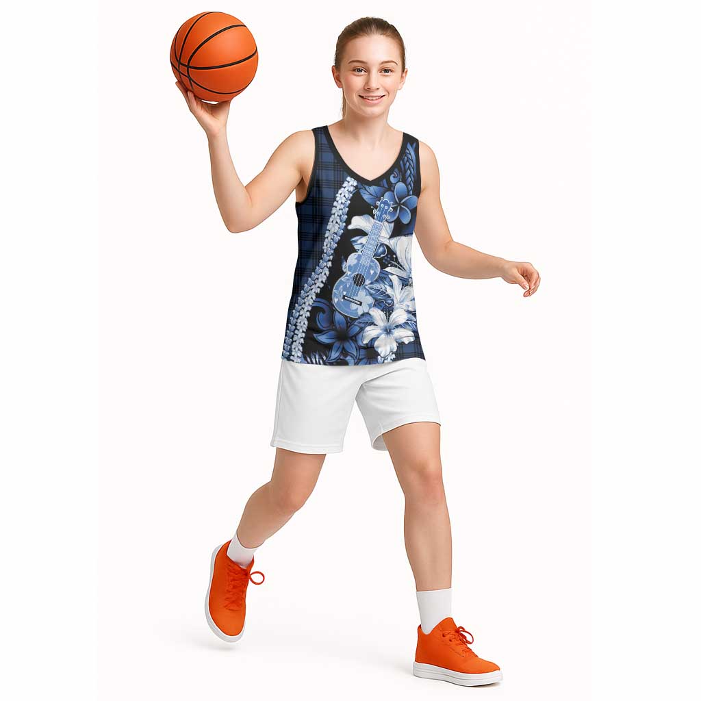 Hawaii Ukulele Basketball Jersey Tropical Flowers With Palaka Effect Blue Version - Polynesian Pride