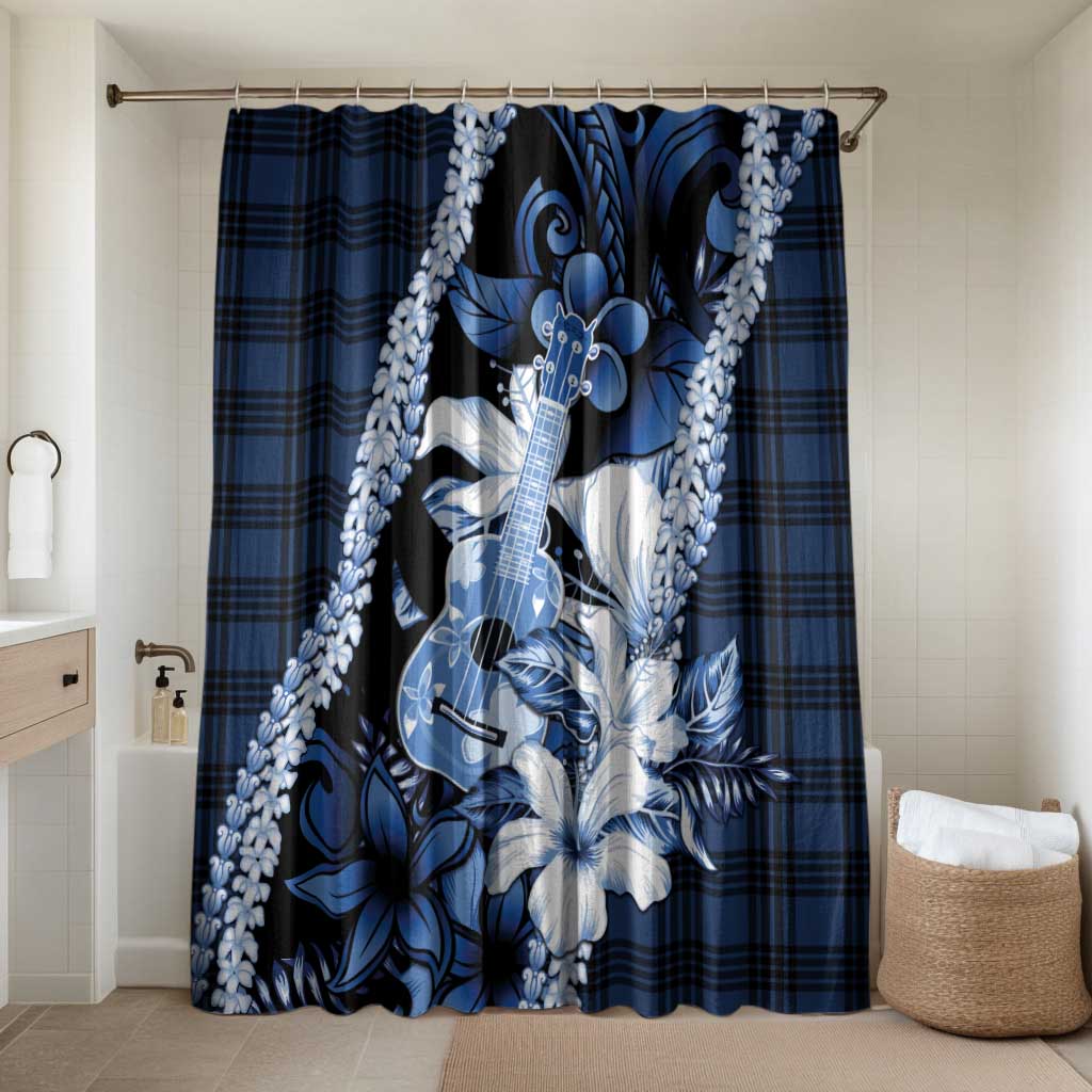 Hawaii Ukulele Bathroom Set Tropical Flowers With Palaka Effect Blue Version - Polynesian Pride