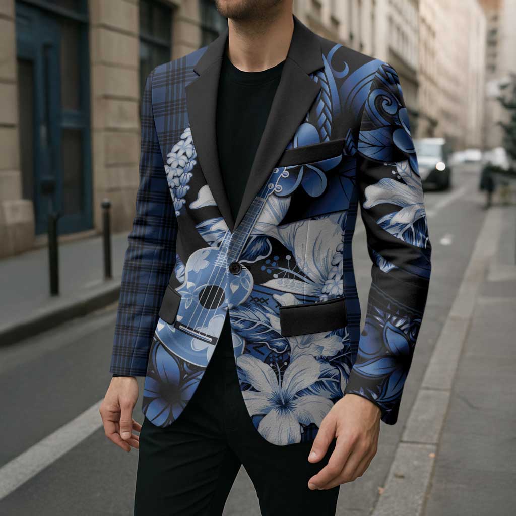 Hawaii Ukulele Blazer Tropical Flowers With Palaka Effect Blue Version - Polynesian Pride