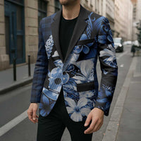 Hawaii Ukulele Blazer Tropical Flowers With Palaka Effect Blue Version - Polynesian Pride