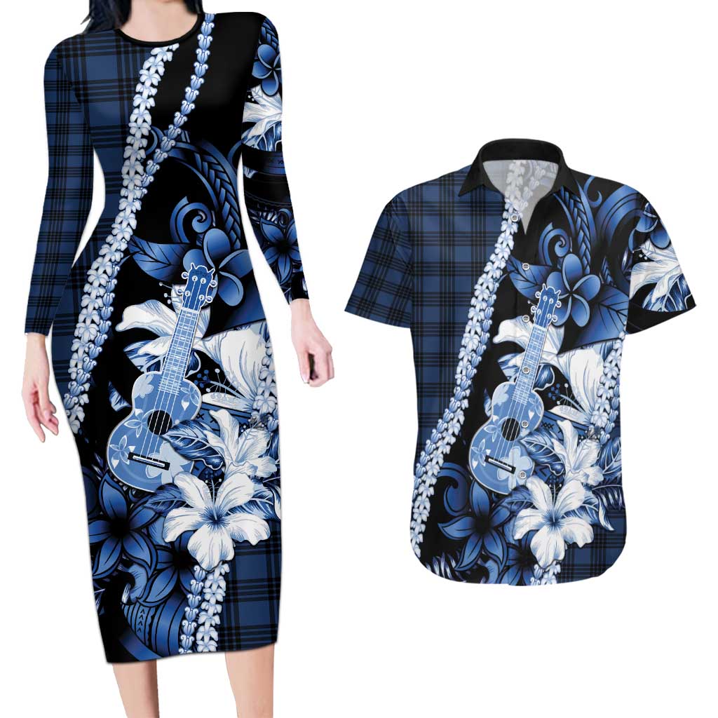 Hawaii Ukulele Couples Matching Long Sleeve Bodycon Dress and Hawaiian Shirt Tropical Flowers With Palaka Effect Blue Version LT05 Blue - Polynesian Pride