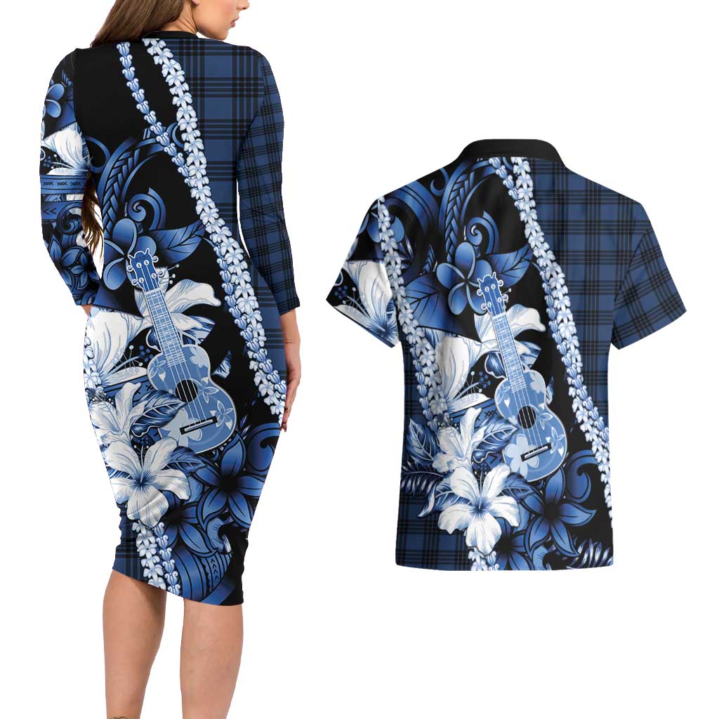 Hawaii Ukulele Couples Matching Long Sleeve Bodycon Dress and Hawaiian Shirt Tropical Flowers With Palaka Effect Blue Version LT05 - Polynesian Pride