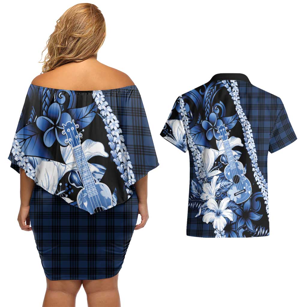 Hawaii Ukulele Couples Matching Off Shoulder Short Dress and Hawaiian Shirt Tropical Flowers With Palaka Effect Blue Version - Polynesian Pride
