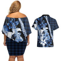 Hawaii Ukulele Couples Matching Off Shoulder Short Dress and Hawaiian Shirt Tropical Flowers With Palaka Effect Blue Version - Polynesian Pride