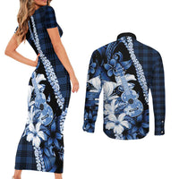 Hawaii Ukulele Couples Matching Short Sleeve Bodycon Dress and Long Sleeve Button Shirt Tropical Flowers With Palaka Effect Blue Version - Polynesian Pride