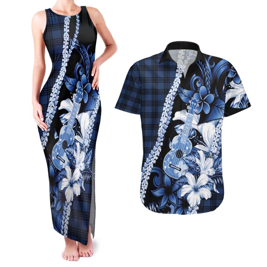 Hawaii Ukulele Couples Matching Tank Maxi Dress and Hawaiian Shirt Tropical Flowers With Palaka Effect Blue Version - Polynesian Pride