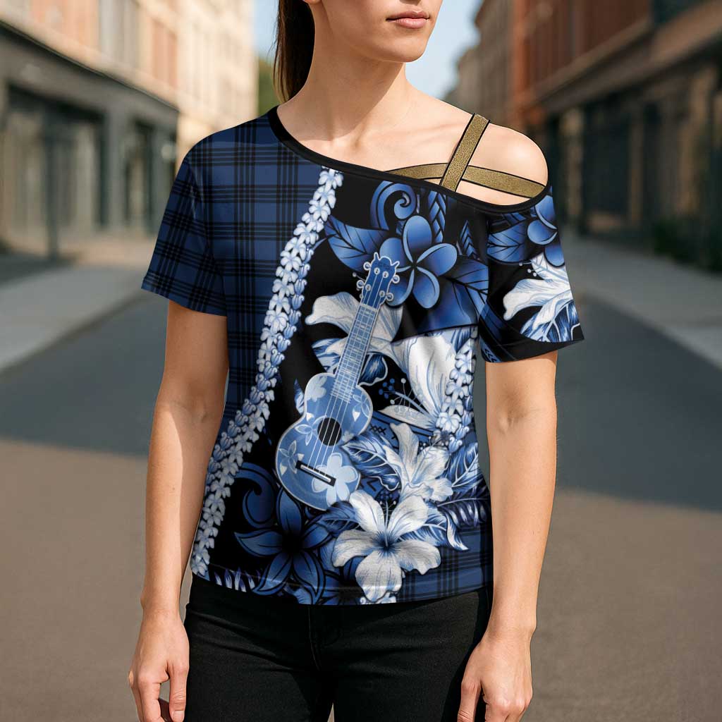 Hawaii Ukulele Cross Shoulder Shirt Tropical Flowers With Palaka Effect Blue Version - Polynesian Pride