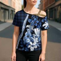 Hawaii Ukulele Cross Shoulder Shirt Tropical Flowers With Palaka Effect Blue Version - Polynesian Pride