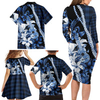 Hawaii Ukulele Family Matching Long Sleeve Bodycon Dress and Hawaiian Shirt Tropical Flowers With Palaka Effect Blue Version LT05 - Polynesian Pride