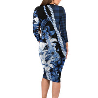Hawaii Ukulele Family Matching Long Sleeve Bodycon Dress and Hawaiian Shirt Tropical Flowers With Palaka Effect Blue Version LT05 - Polynesian Pride
